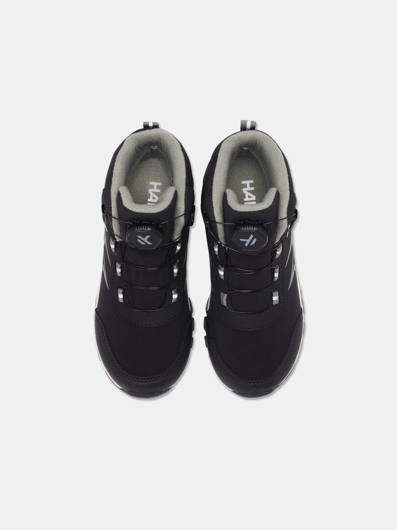 Top view of black, lightweight Halti Tribe Dada DX Outdoor Shoe children’s shoes with dial lacing systems.