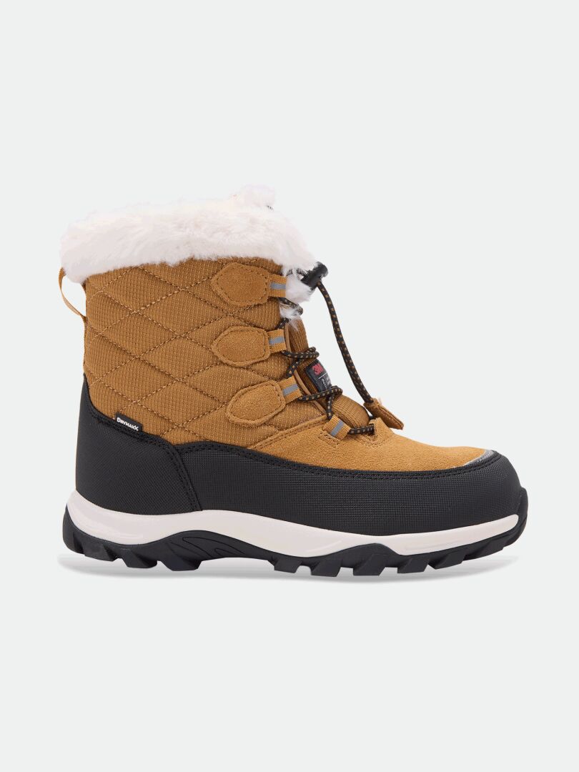 Halti Tornio DX tan quilted kids’ winter boot with faux fur trim, black sole, lace-up front, shown from side.