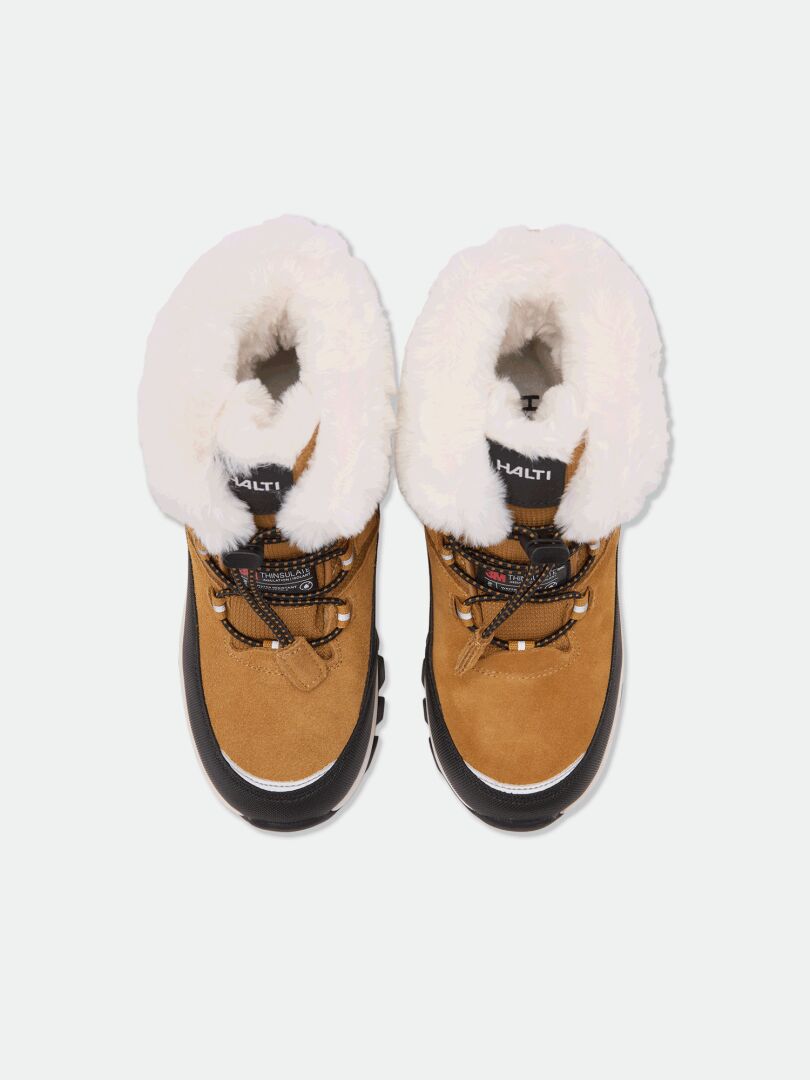 Halti Tornio DX Kids’ tan winter boots with white faux fur, black soles, and patterned laces, viewed from above.