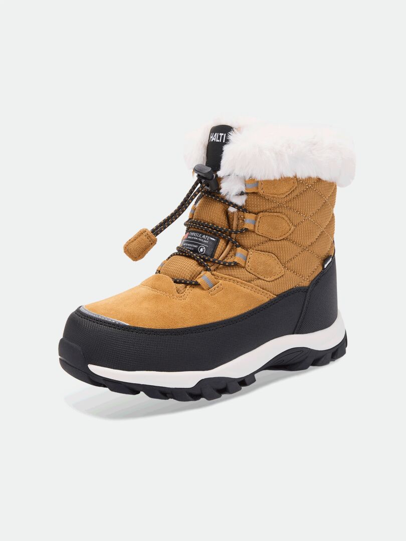 Halti Tornio DX kids’ winter boots: tan/black, faux fur, front zip, Thinsulate, textured rubber sole.