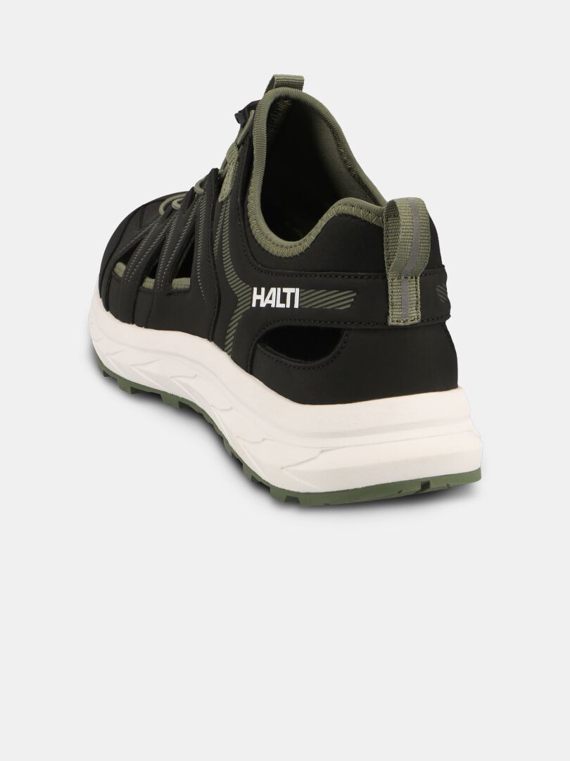 A black and green Halti Seili Hybrid Sandal Men's is shown from the back on a plain white background.