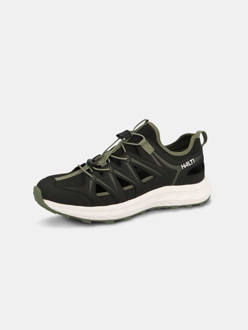 The Halti Seili Hybrid Sandal Men's features a black/olive design with white sole—ideal for summer hiking and outdoor leisure.