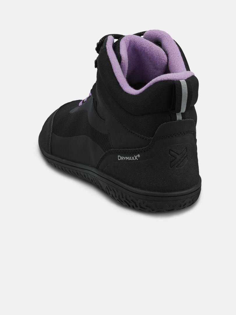 Halti Tuntuma Mid DX Women’s barefoot shoe in black/purple, back left view on white background.