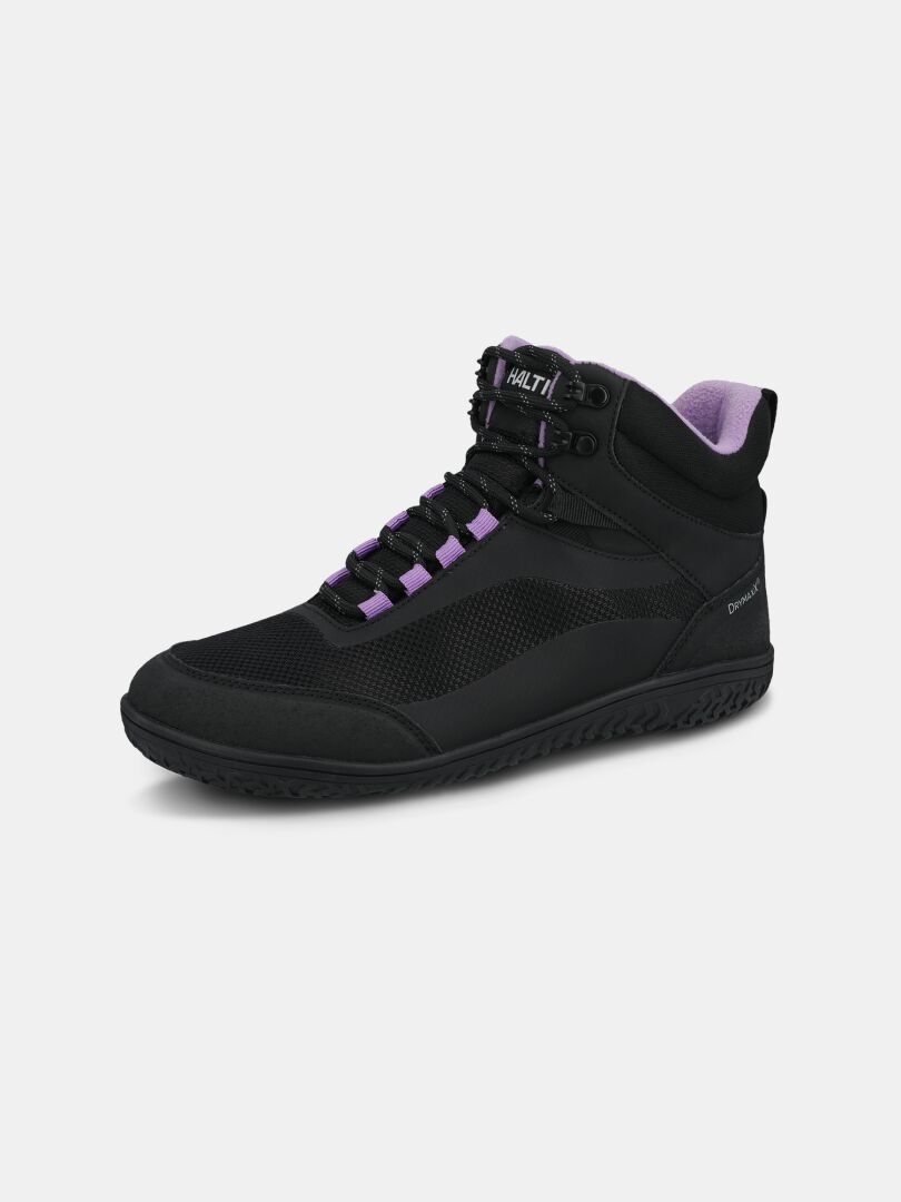 Halti Tuntuma Mid DX Women’s: black barefoot shoe with purple laces, mesh/synthetic upper—outdoor ready.