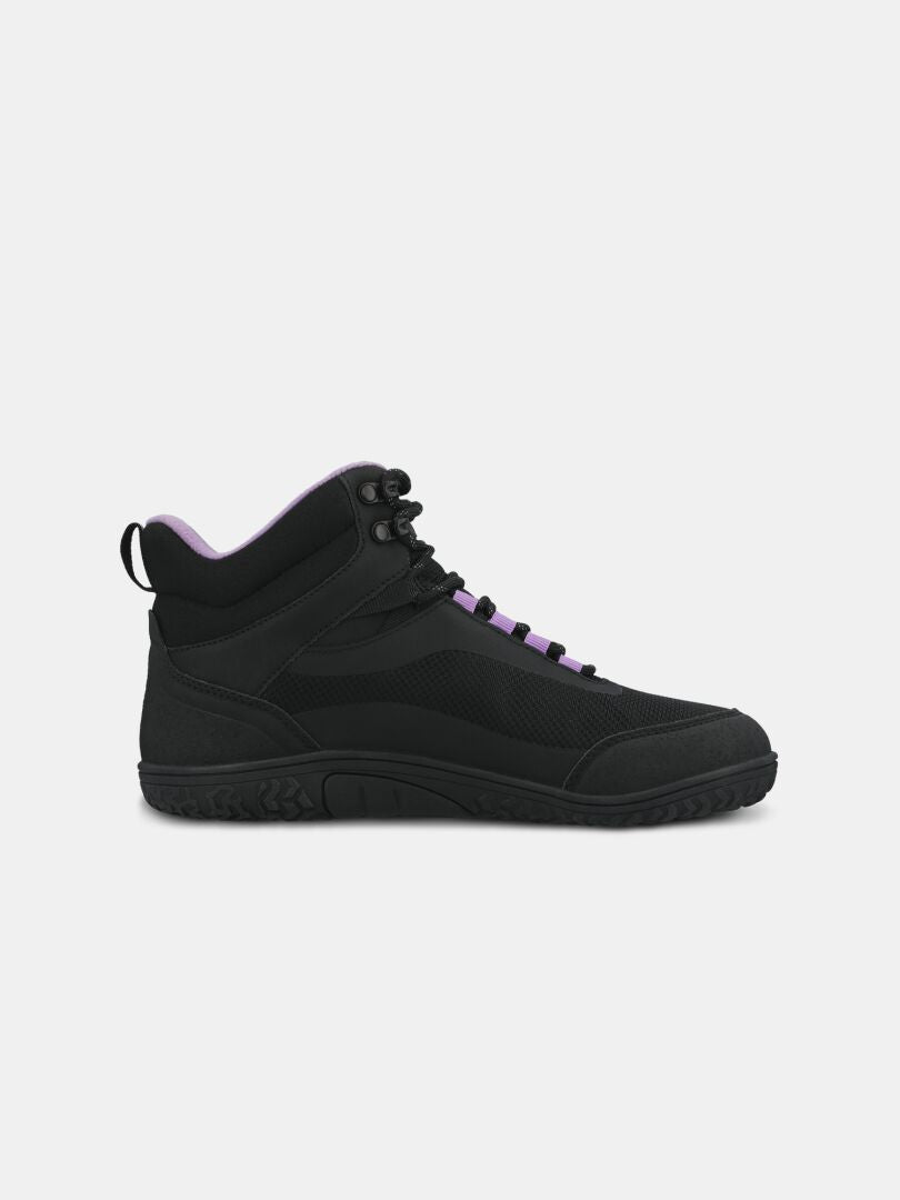 Halti Tuntuma Mid DX Women’s barefoot shoe in black with purple accents, midcut high-top, side view on white.