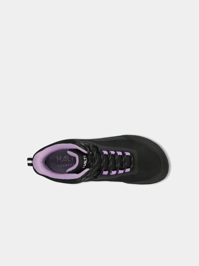 Halti Tuntuma Mid DX Women’s black midcut barefoot shoe with purple lining, shown top view on white background.