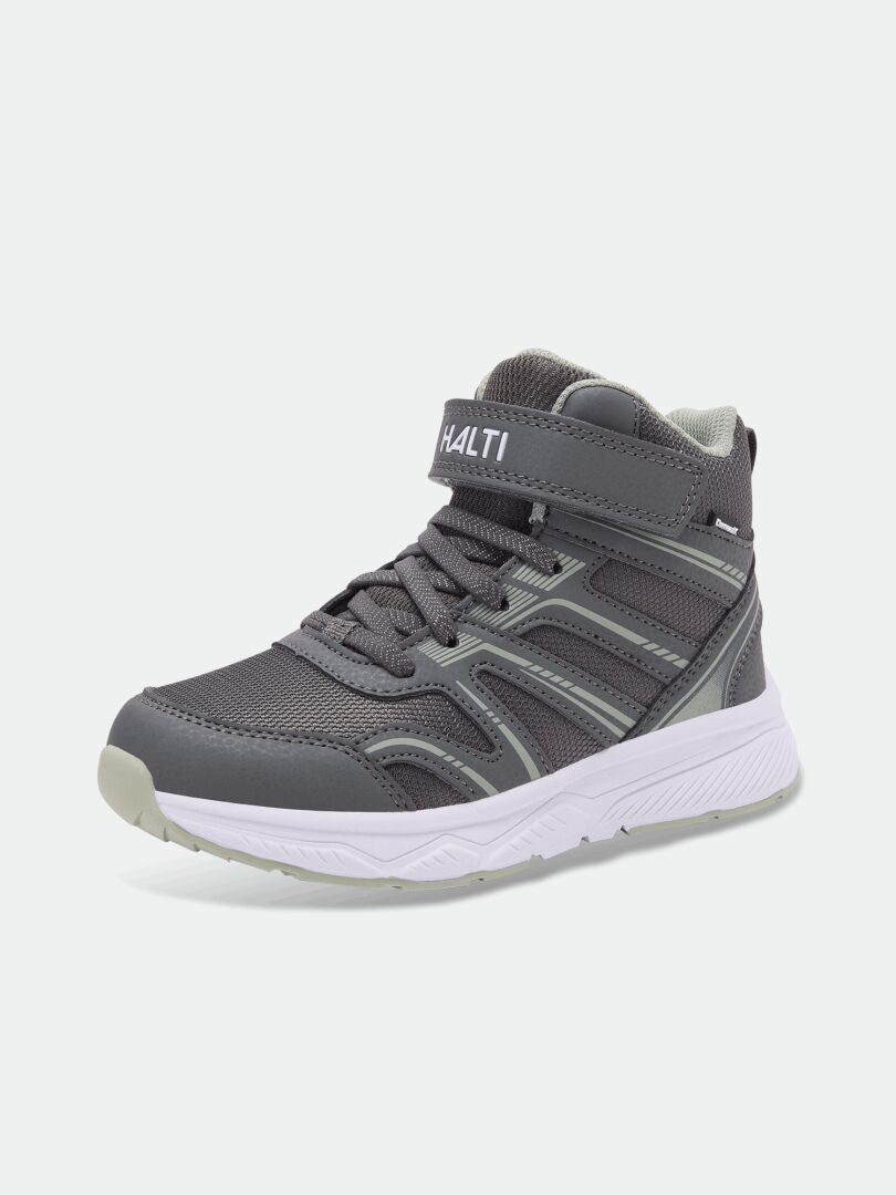 Halti Zuma Mid DX kids’ sneaker: gray, mid-cut, white sole, mesh details & Velcro strap—lightweight and stylish.