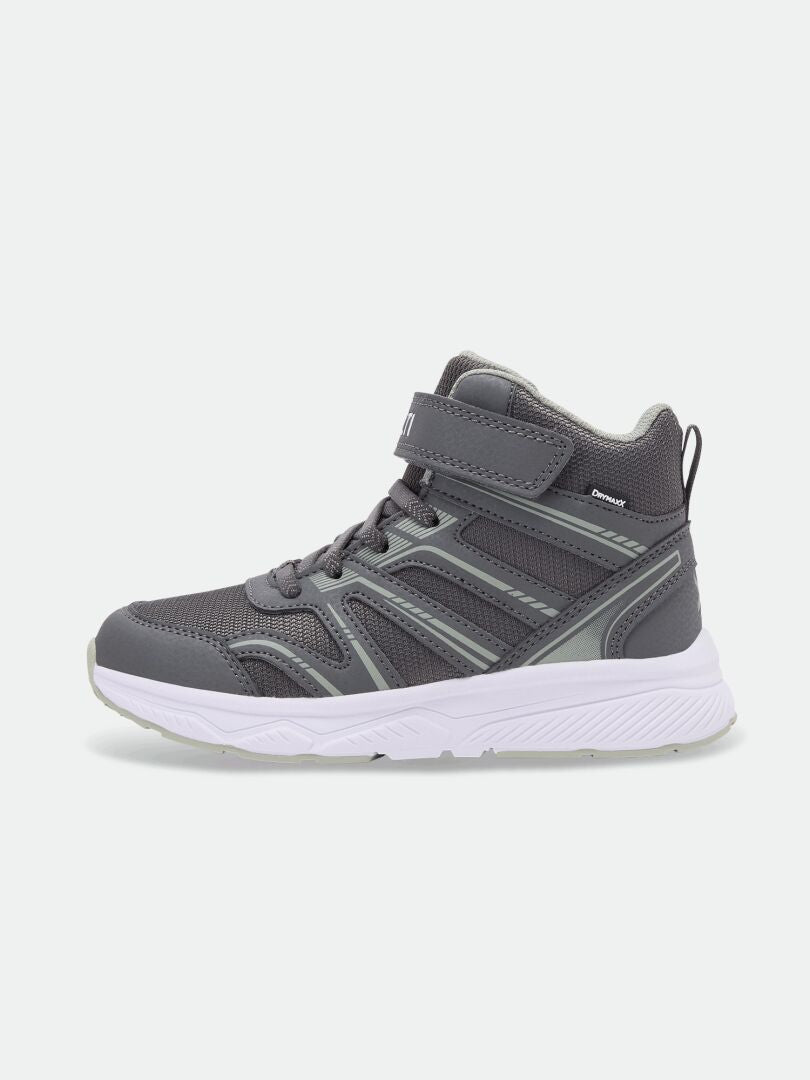 Halti Zuma Mid DX kids’ gray mesh sneaker with white sole, Velcro strap, mid-cut; side view.