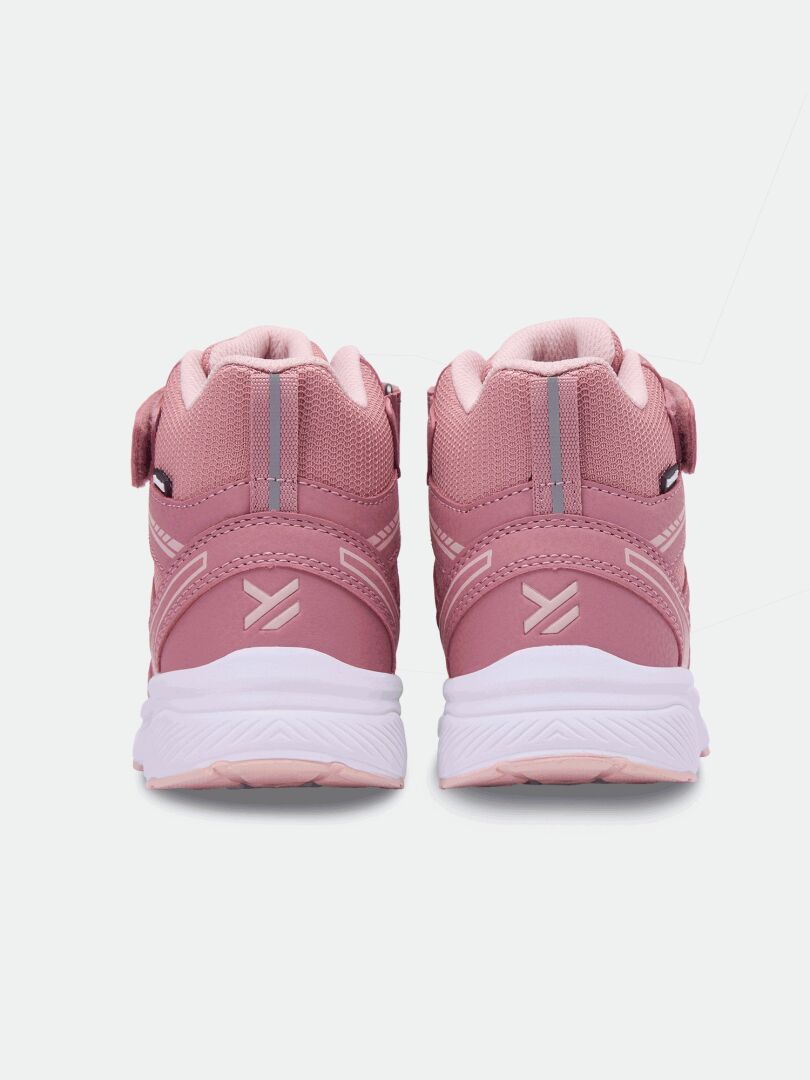 Back view of Halti Zuma Mid DX kids’ sneakers in pink with white soles and reflective accents on a light background.