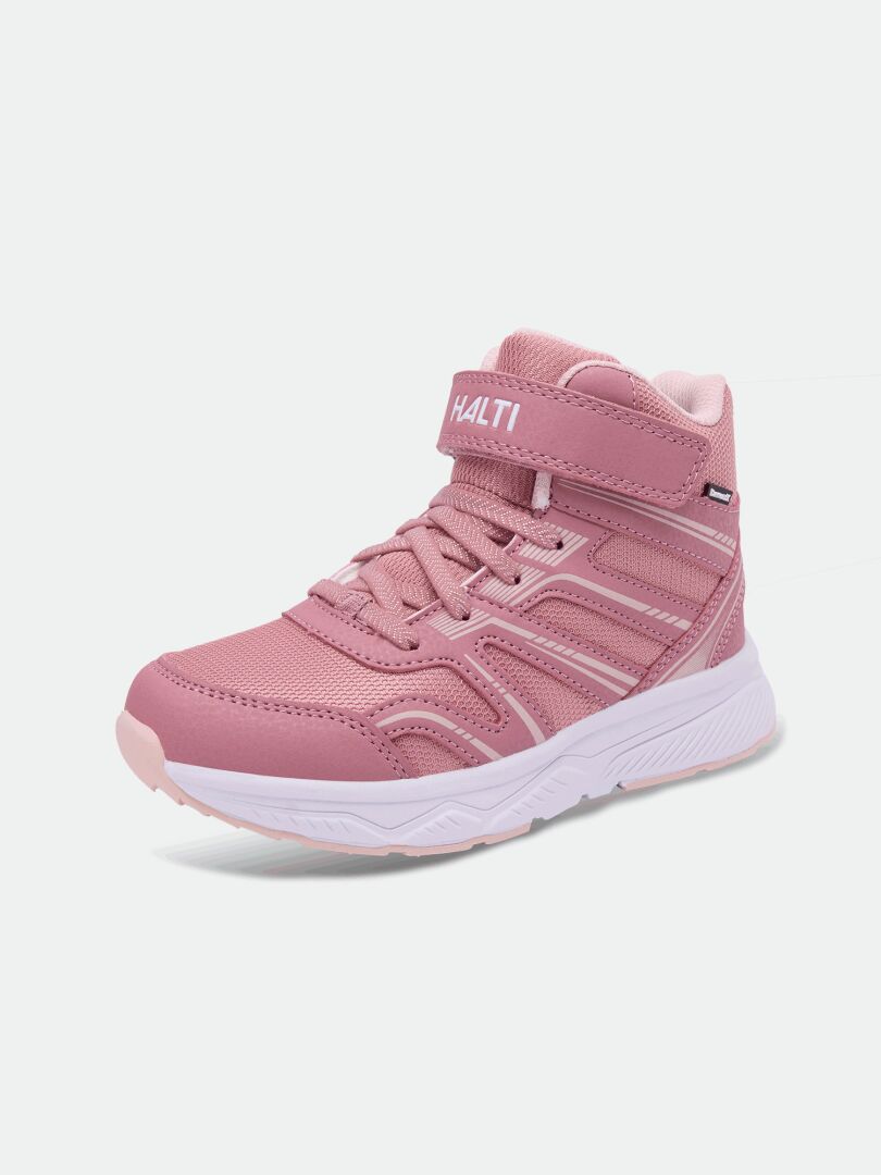 Halti Zuma Mid DX: a pink mid-cut kids’ sneaker with white sole, laces, and Velcro strap labeled HALTI on the tongue.