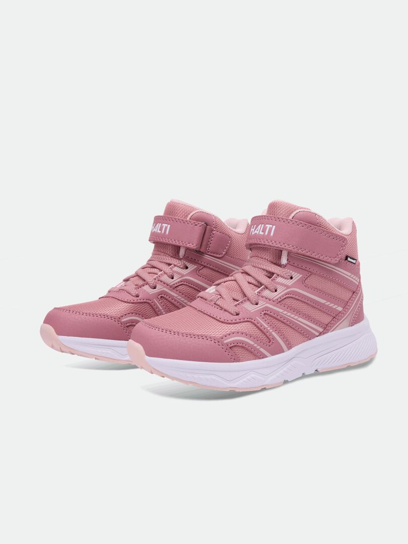 Halti Zuma Mid DX kids’ pink sneakers with Velcro straps and white soles, displayed on a white background.