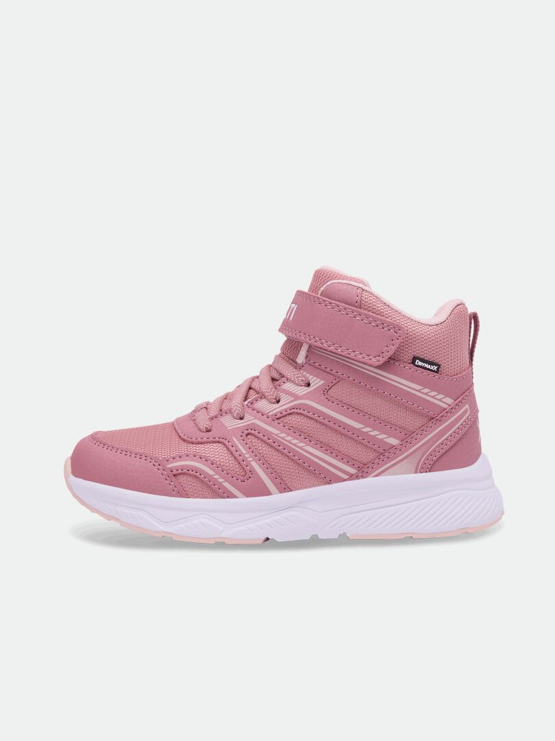 Halti Zuma Mid DX kids’ pink sneaker with mesh, velcro strap, white sole; side view on white background.