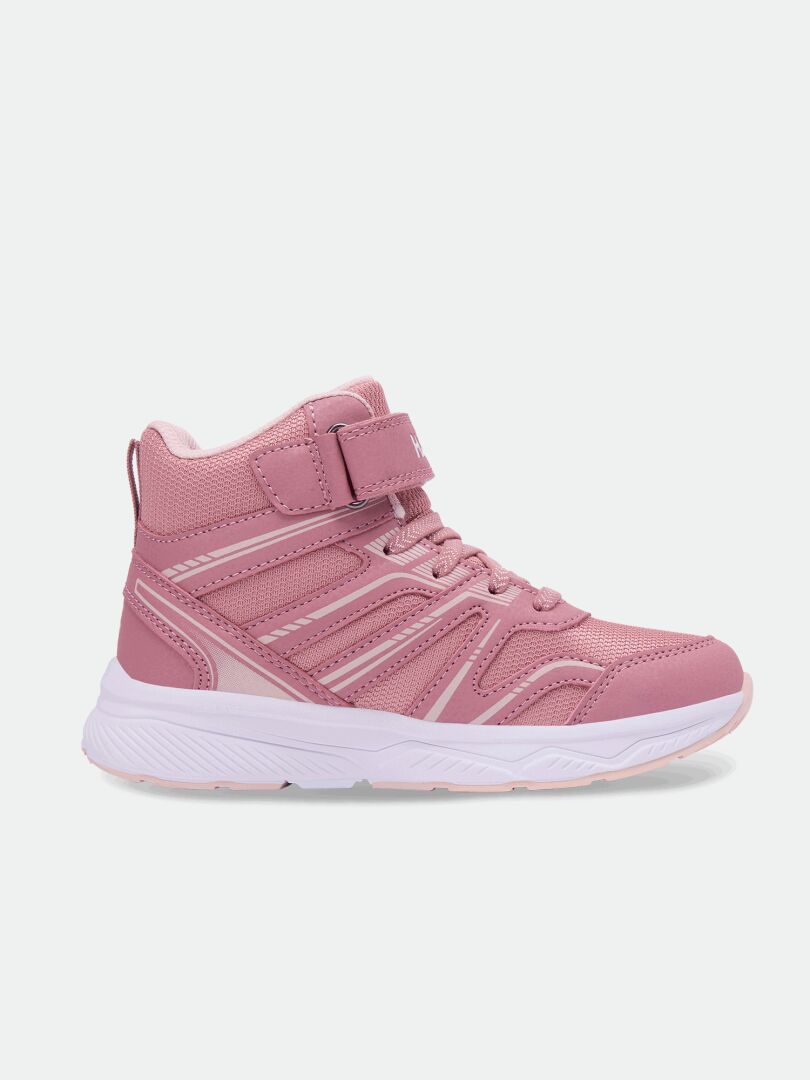 Halti Zuma Mid DX kids’ pink sneakers with white sole, Velcro strap, and textured sides, shown on white background.