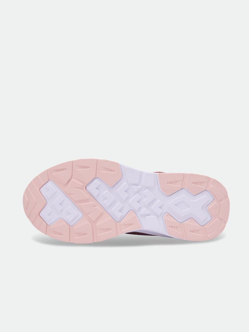 Bottom view of Halti Zuma Mid DX kids’ sneaker with pink & white textured sole on a plain white background.