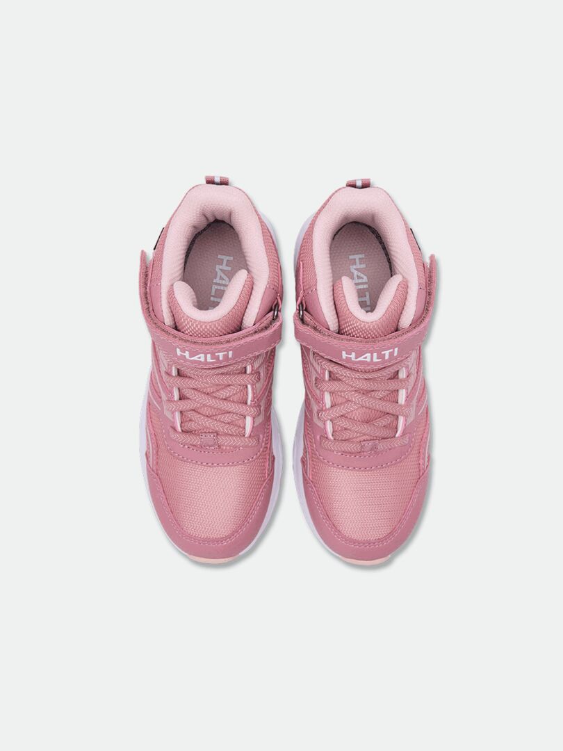Halti Zuma Mid DX pink kids’ sneakers with laces and velcro, seen from above on a light background.