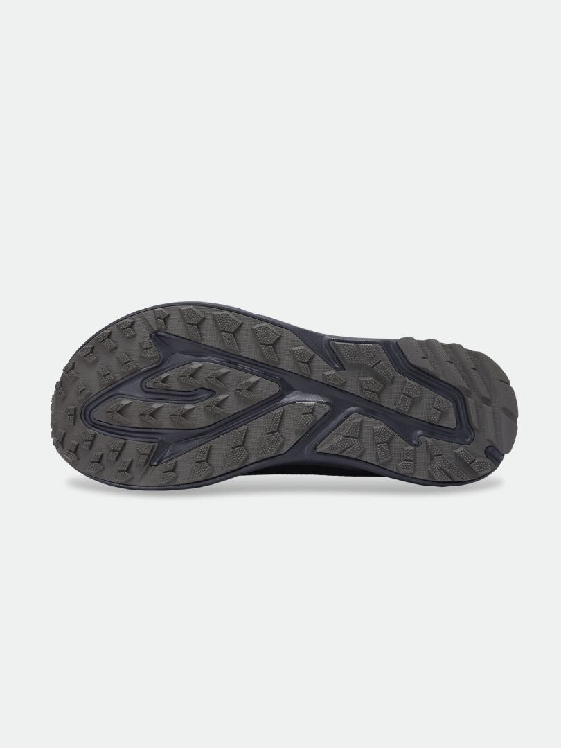 Bottom view of Halti Asento DX Men’s gray zero-drop sole with textured tread and grooves on a white background.