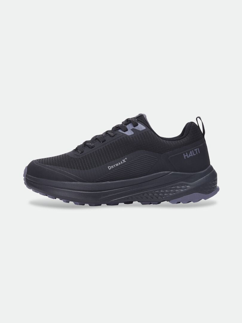 Halti Asento DX Women’s black waterproof outdoor shoe with textured sole, lace-up front, and natural fit.