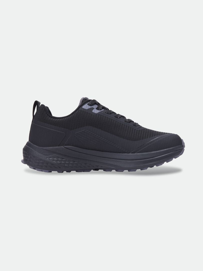 Halti Asento DX Outdoor Shoe Women’s: black, mesh upper, textured sole, zero drop heel; side view on white background.