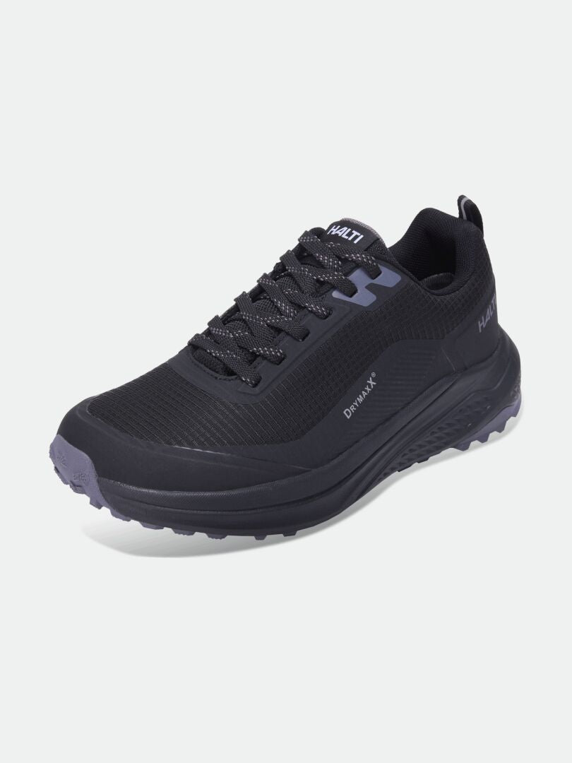 Halti Asento DX Women’s: black mesh sneaker with gray accents, lace-up, barefoot design for natural movement.