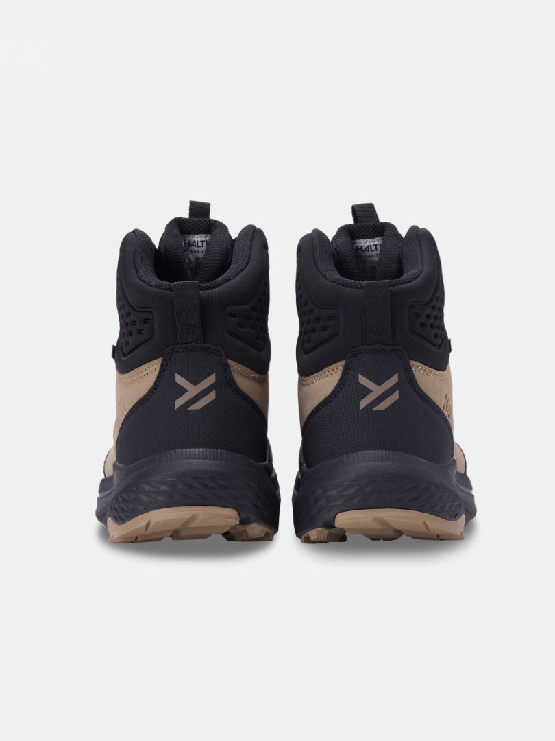 Tan and black Halti Asento Mid DX men’s outdoor shoes shown from the back on a white background.