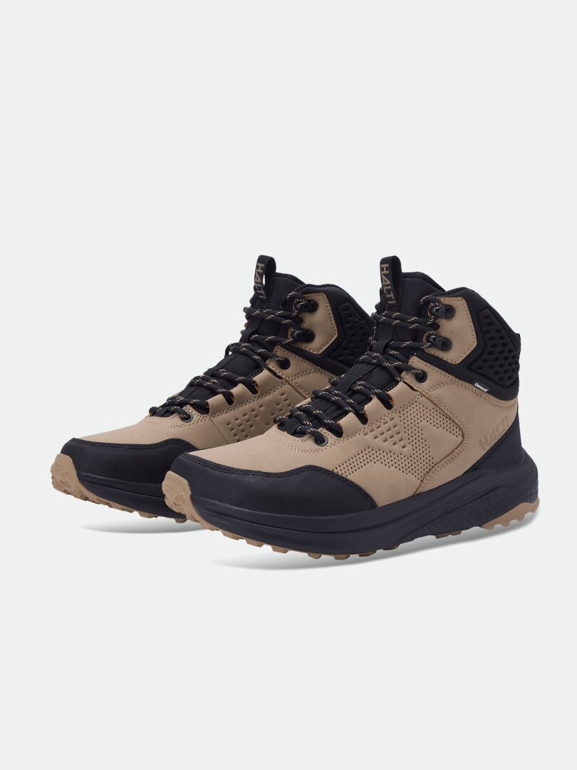 Halti Asento Mid DX Outdoor Shoe Men’s in tan/black with black laces and rugged soles on a plain white background.