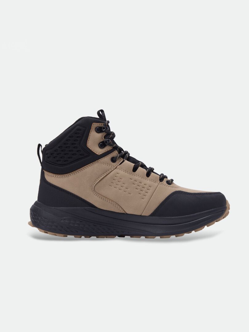 Halti Asento Mid DX Men’s shoe: tan/black, waterproof, high ankle, black laces, textured sole, side profile.