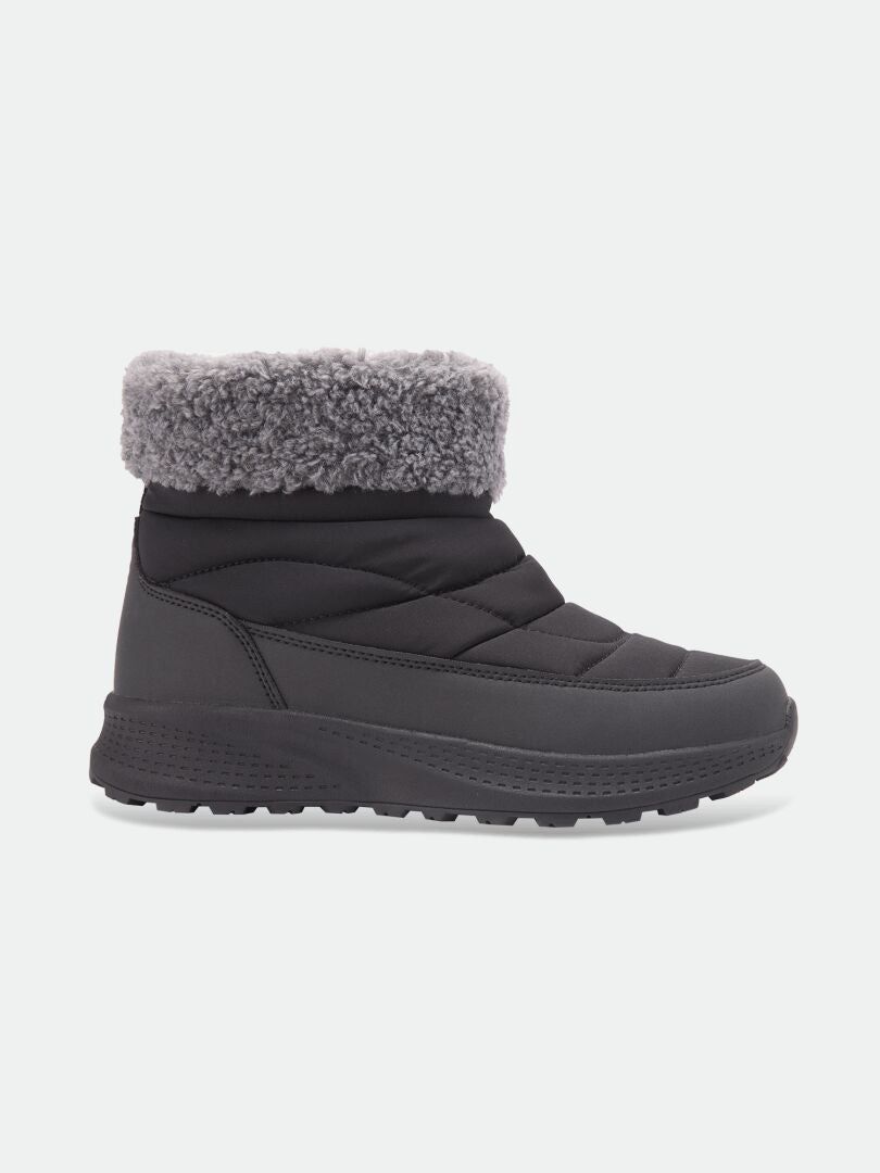 Halti Rest Winter Boots: black quilted ankle boots with a grey faux-fur cuff and thick treaded sole.