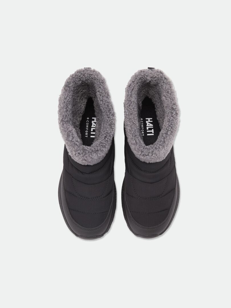 Halti Rest Winter Boots Women’s: black insulated booties with gray faux-fur lining in a warm, slipper-inspired style.