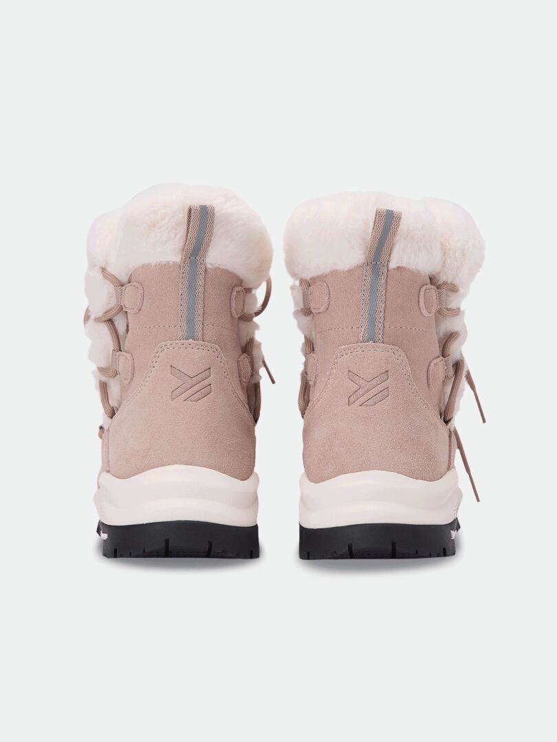 Back view of two beige Mukluk DX IC Winter Boots with faux fur trim, lacing, and thick rubber soles.