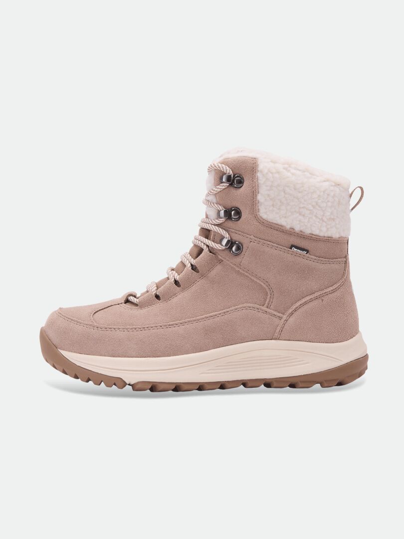 Halti Doris DX Winterboot Women’s, light brown, with warm fur lining, lace-up front, and rubber sole—side view.