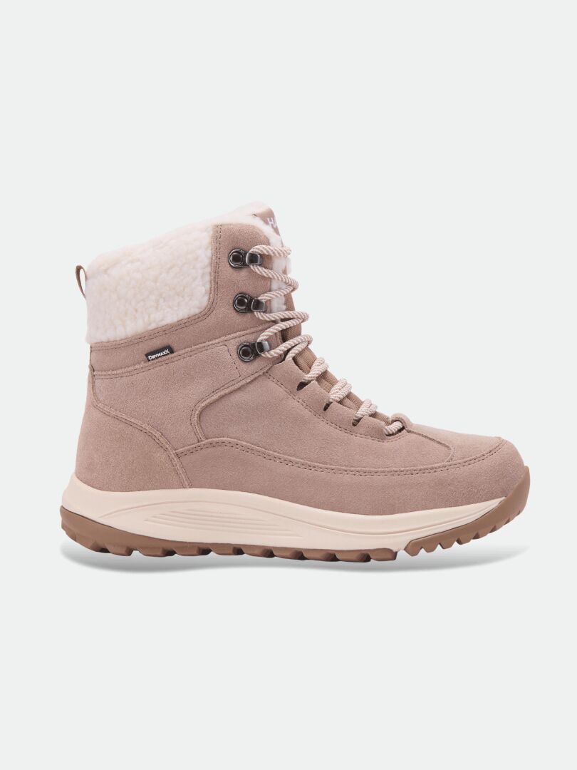 Halti Doris DX Women’s winter boot in tan with warm fur lining, metal eyelets, beige laces, and textured rubber sole.