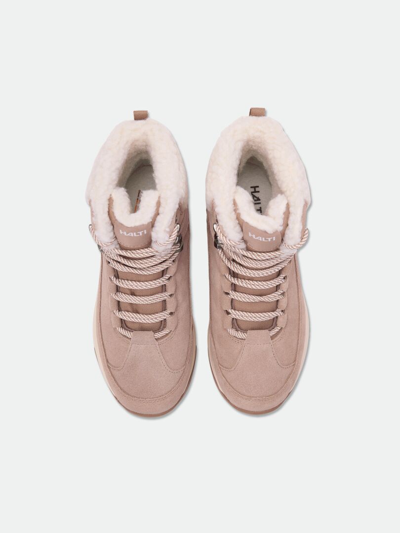 Halti Doris DX women’s tan suede winter boots with white fleece lining, top view on white background.