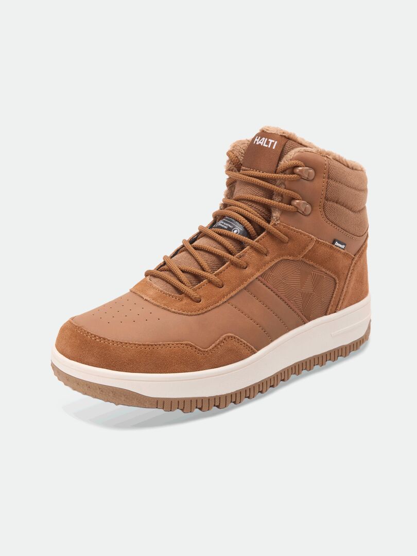 Halti Metso Mid DX Men’s: brown high-top winter shoe with laces, white sole, Thinsulate, padded ankle.