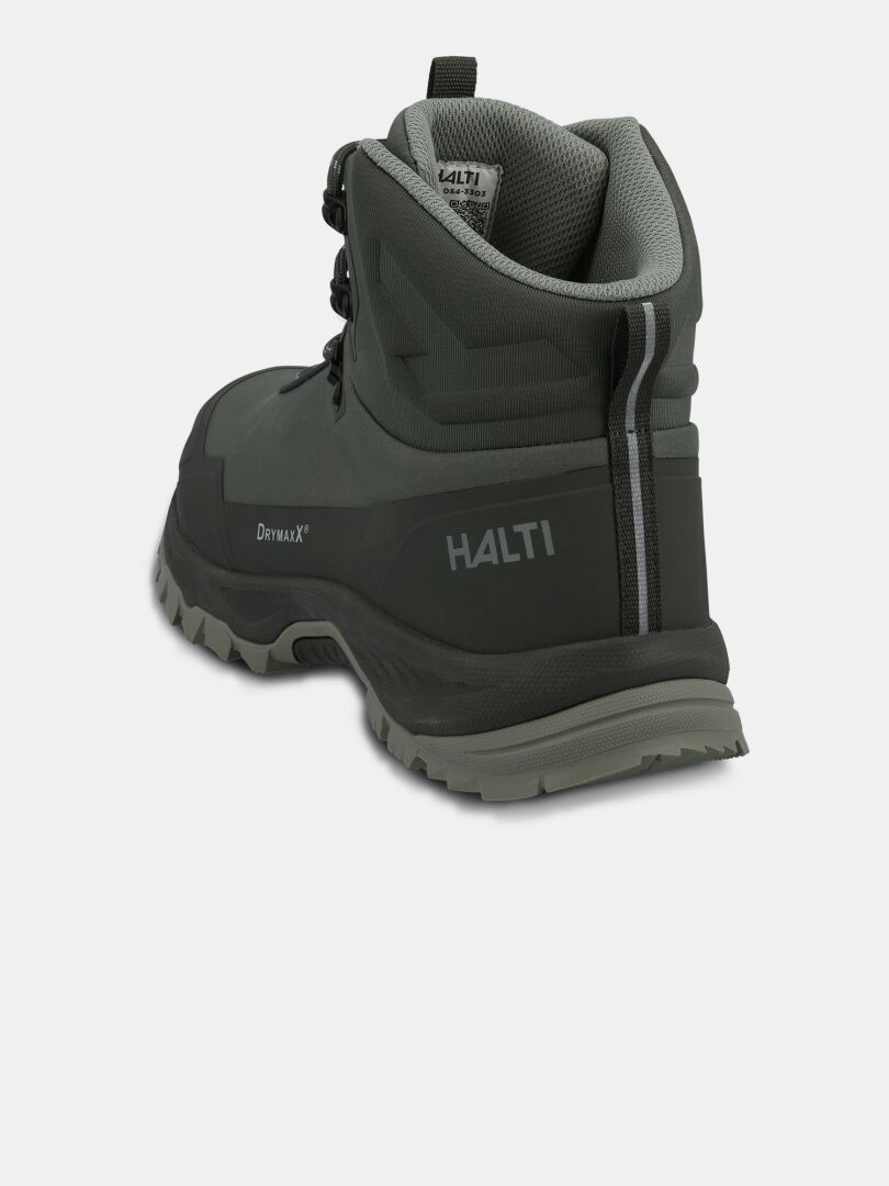 Rear view of Halti Fara 4 DX Mid: dark gray men's waterproof ankle boot with heel stripe and outdoor design.