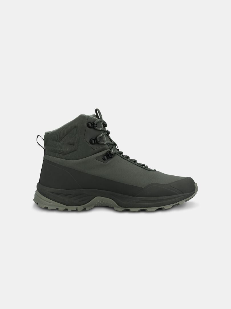 Halti Fara 4 DX Mid men’s outdoor shoe in dark green/black with gray tread, shown in profile on white background.