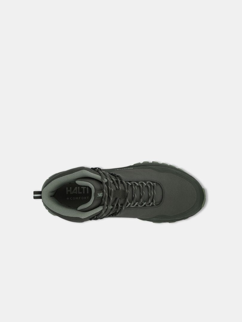 Top view of Halti Fara 4 DX Mid men's green ankle boot with laces, logo on insole, made from recycled materials.