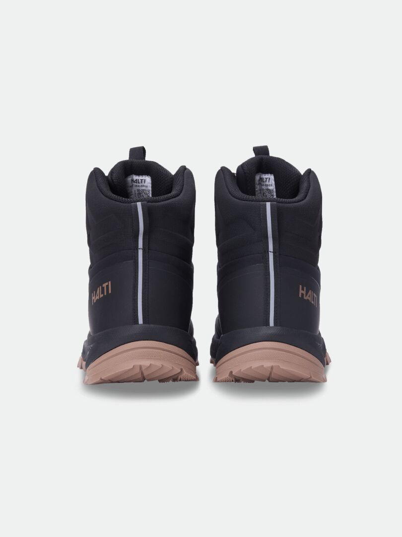 Halti Fara 4 DX Mid Outdoor Shoe Men's in black and tan, crafted from recycled materials, shown from the back.