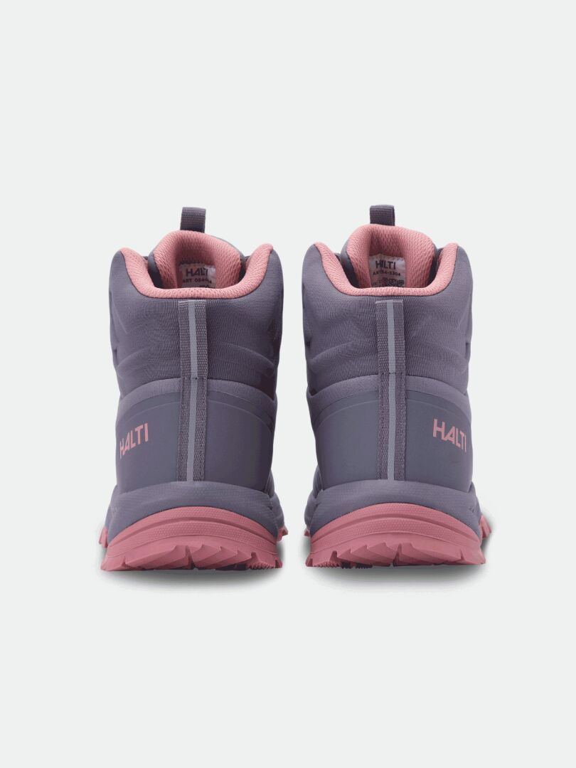 Halti Fara 4 DX Mid Women's gray/pink high-tops made from recycled material, shown from the back on white.