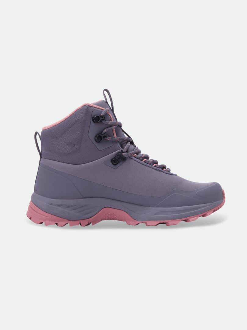 Halti Fara 4 DX Mid Outdoor Shoe Women's in purple, pink sole/lining, recycled materials. Profile view on white.