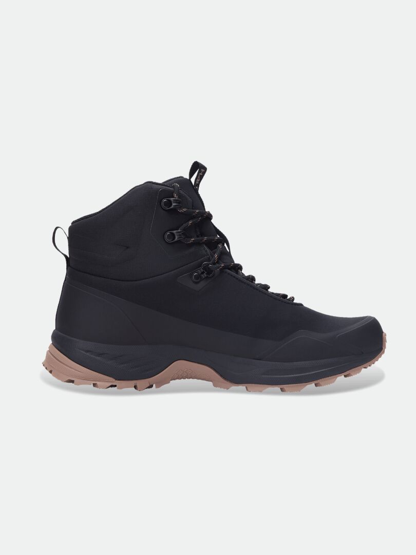 Halti Fara 4 DX Mid Outdoor Shoe Women's: black ankle boot, brown treaded sole, black laces, metal eyelets.
