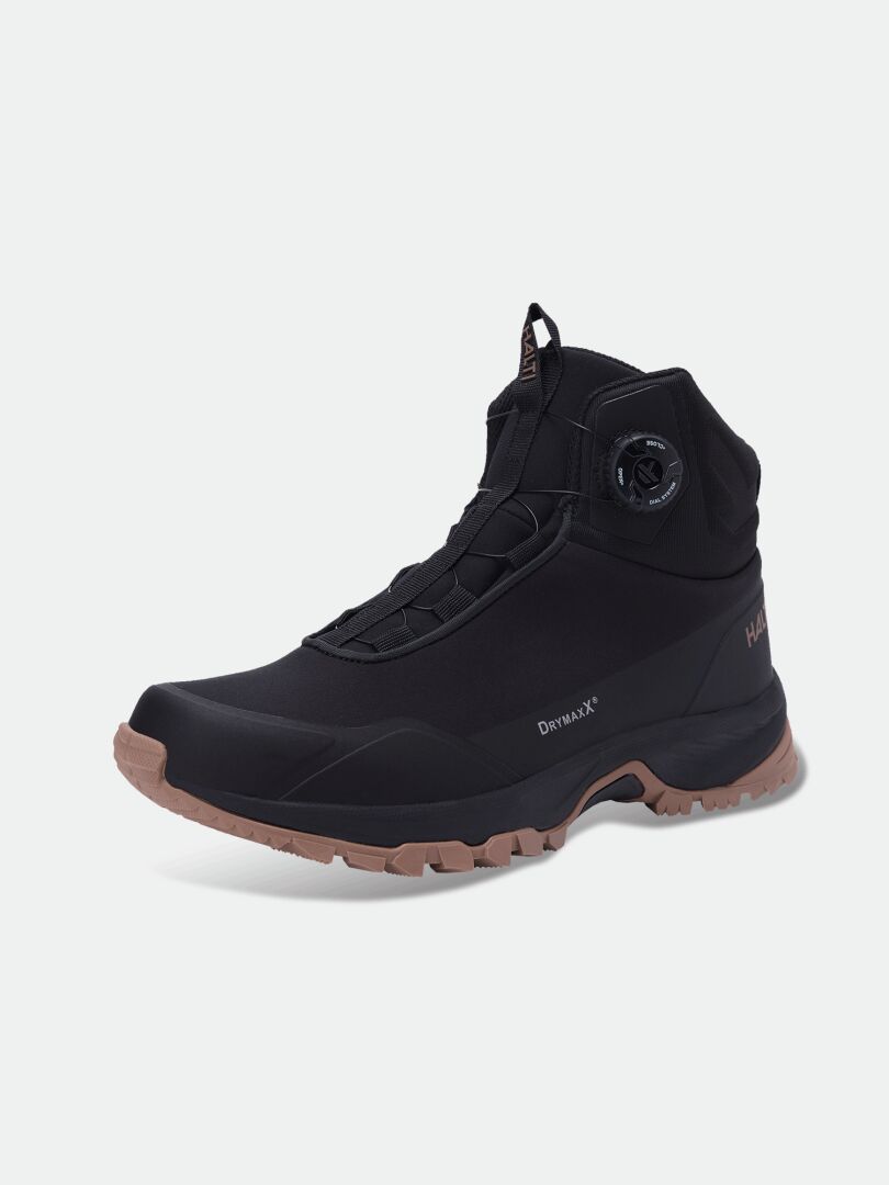 Halti Fara Mid 3 DX Freelock: black waterproof outdoor shoe with side logo, speed lacing, and trail rubber outsole.