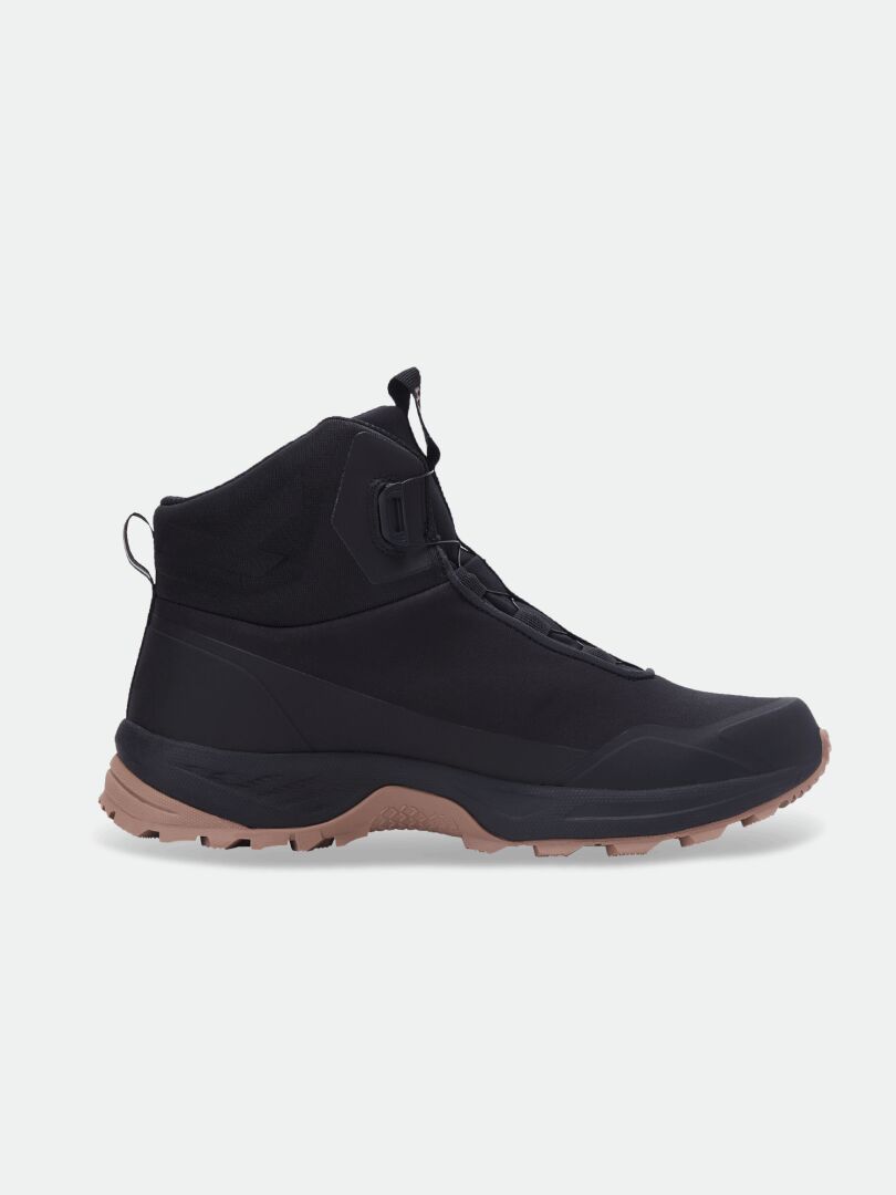 Halti Fara Mid 3 DX Freelock black high-top outdoor shoe with brown sole, side view on white.