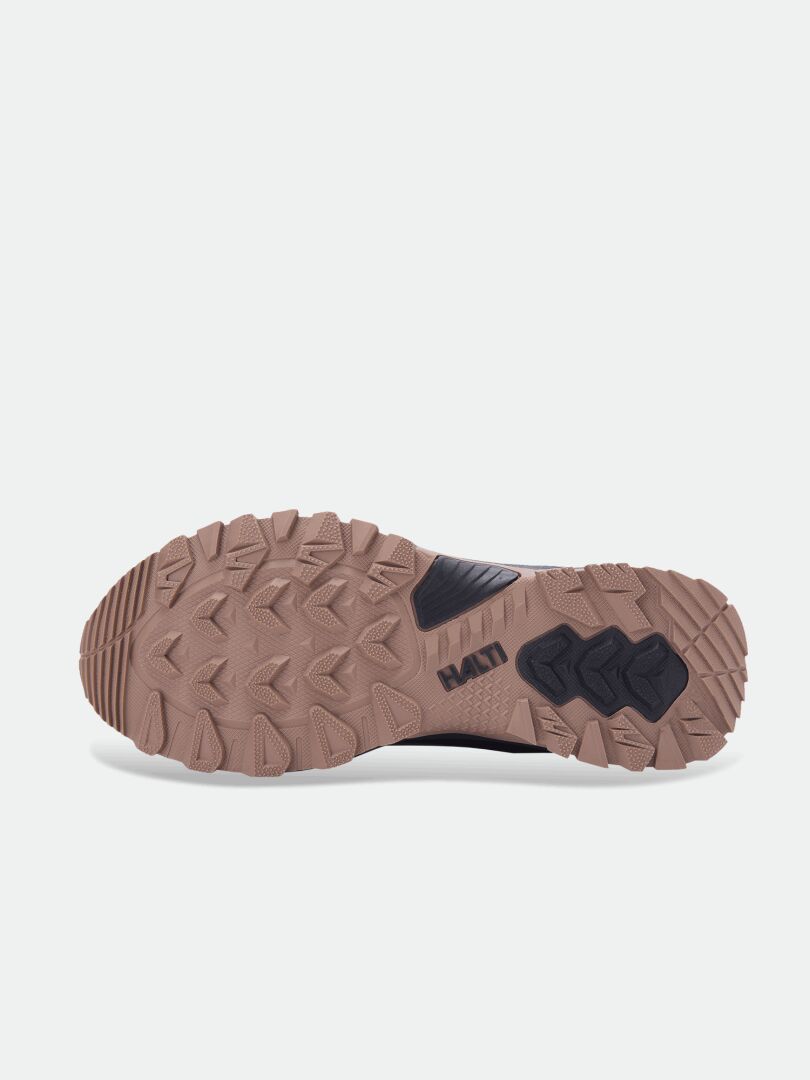 Bottom view of Halti Fara Mid 3 DX Freelock shows a textured trail rubber outsole with varied HATI tread patterns.
