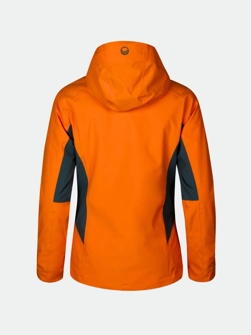 Back view of Halti DX Ski Jacket Women's in orange with dark gray sides, ideal for winter sports on snowy days.