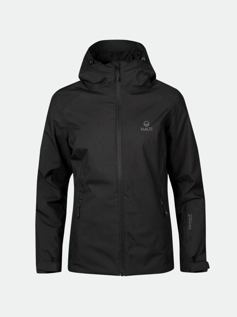 The Halti DX Ski Jacket Women's is a black waterproof winter jacket with zippered pockets and logo, ideal for skiing.