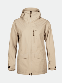 Halti Settler 3L DrymaxX ski jacket for women with front zipper, pockets, and adjustable cuffs in beige.