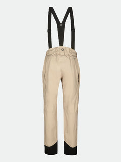 Halti Settler 3L DrymaxX Womens beige waterproof ski pants with black suspenders and ankle accents on plain background.