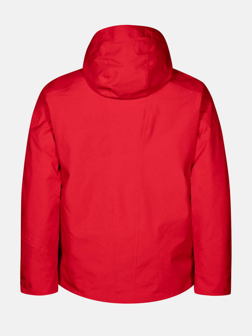 Back view of a red Halti Vertica DX Ski Jacket Men’s featuring a waterproof hood.