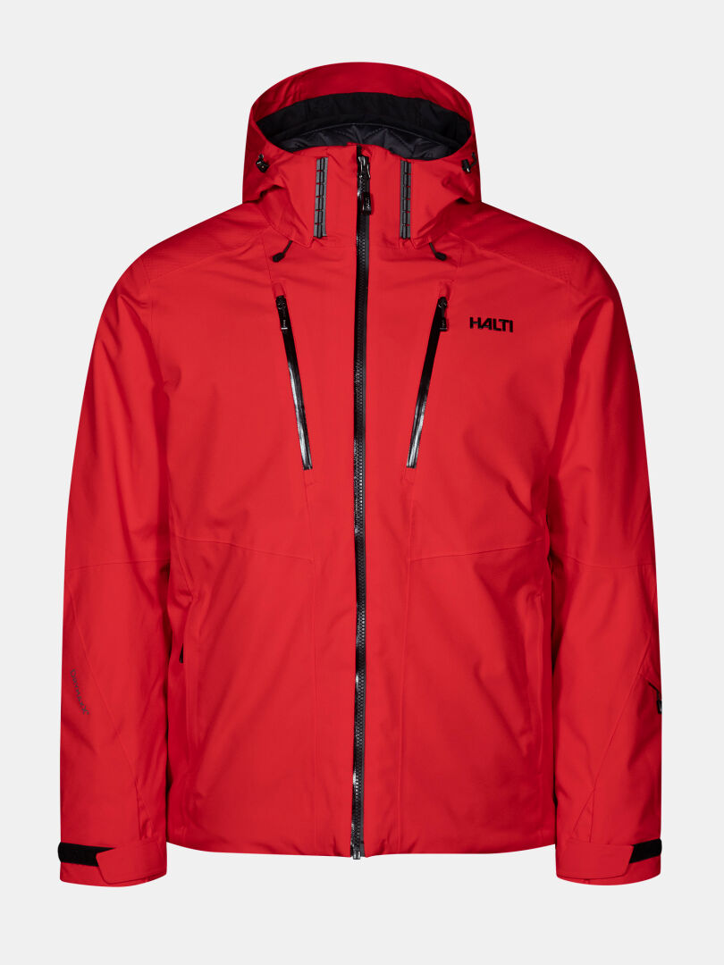 Red waterproof Halti Vertica DX Ski Jacket Men’s with a front zipper and two vertical chest pockets.