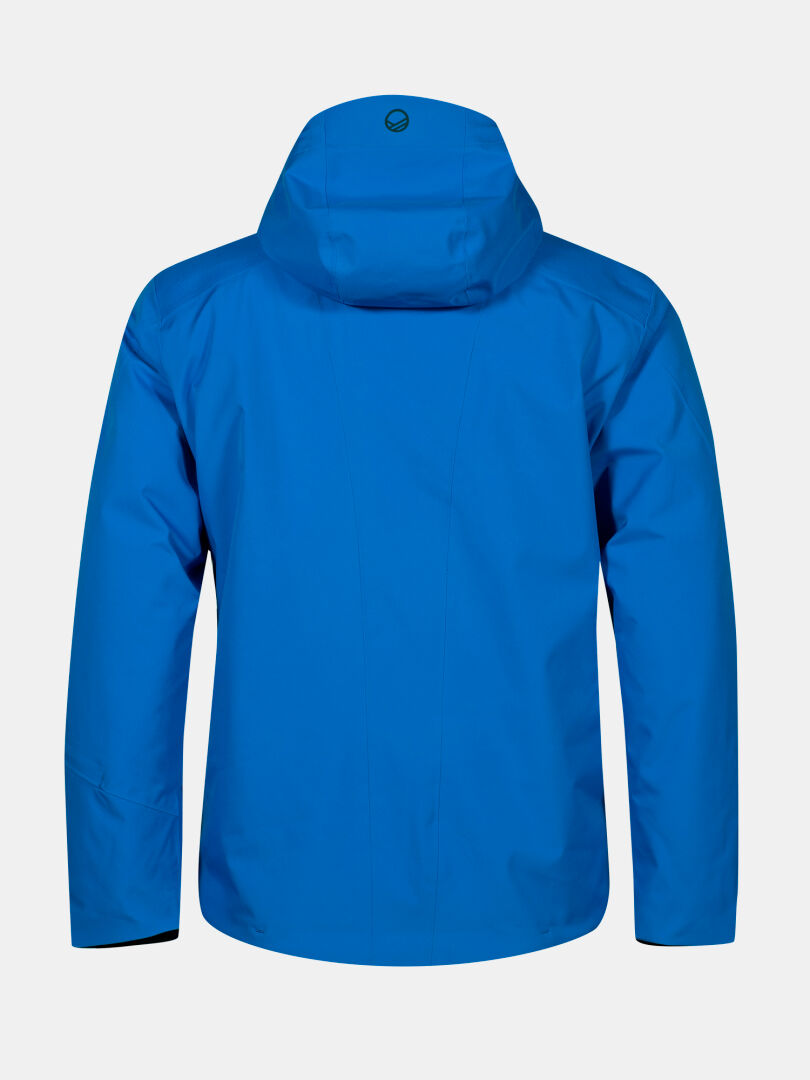 The Halti Vertica DX Ski Jacket Men's in bright blue is shown from the back against a plain light background.